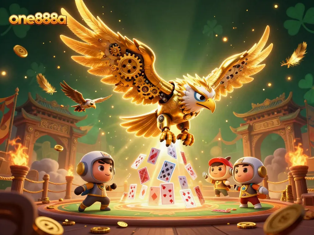 Join the action at one888a as the cybernetic eagle dives through holographic cards amidst vibrant casino elements.