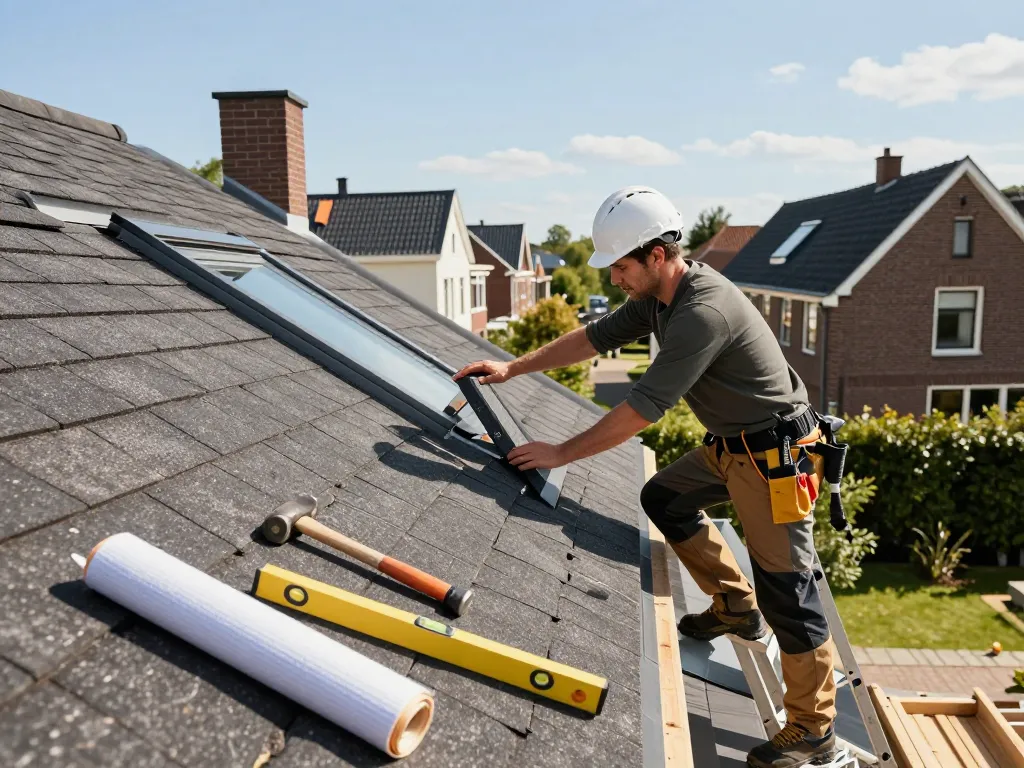 Professionele dakdekker inspecteert een nieuw dak in Utrecht, toont betrouwbare dakdekker Utrecht diensten.
