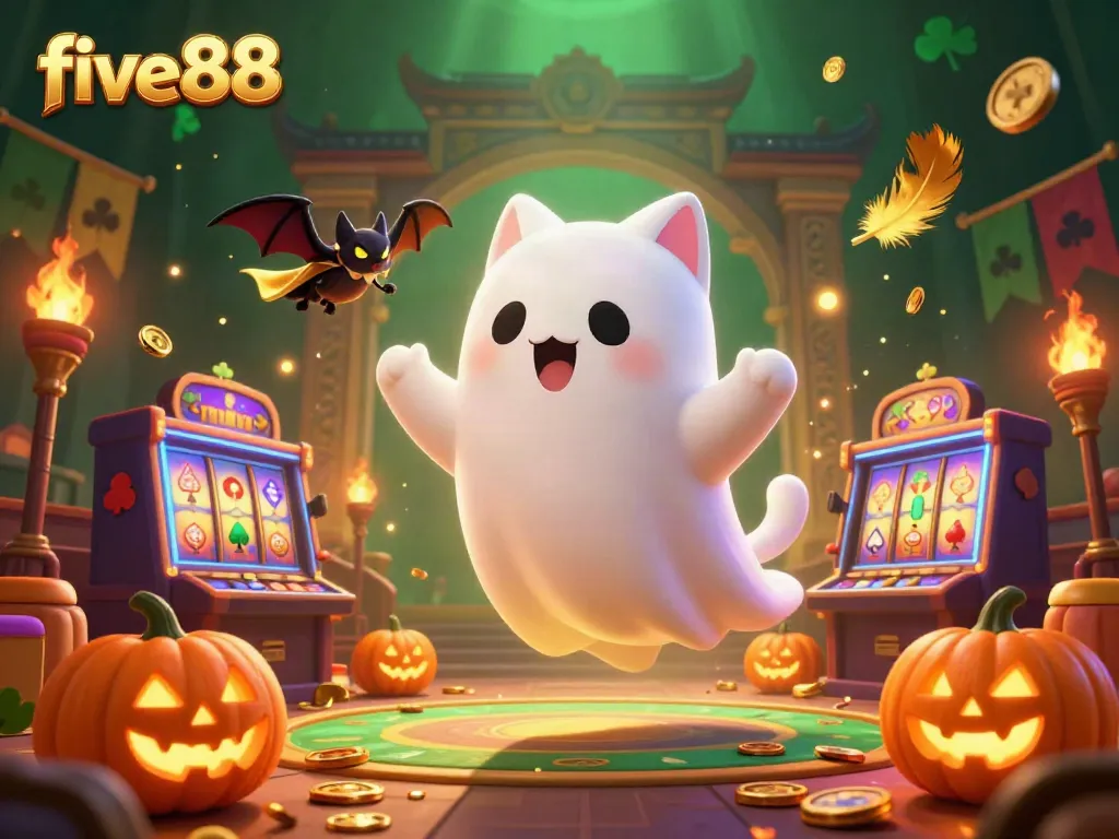 Experience the fun of five88 as the ghost cat and bat companion float amidst vibrant casino action.