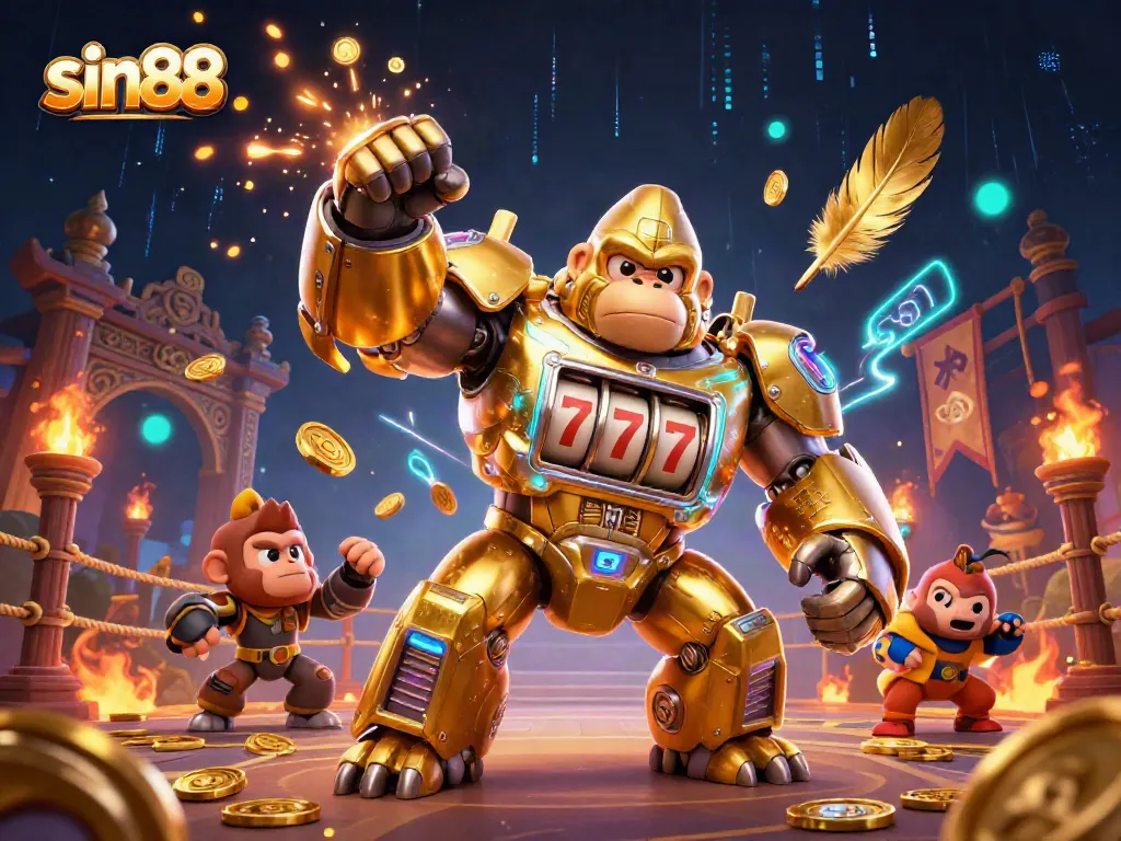 Experience thrilling gaming with sin88's dynamic 3D casino mech illustration featuring vibrant characters and elements.