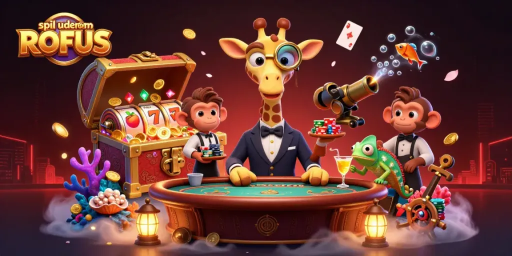 Experience spil uden om ROFUS at a luxurious casino with rich gaming visuals and dynamic characters.