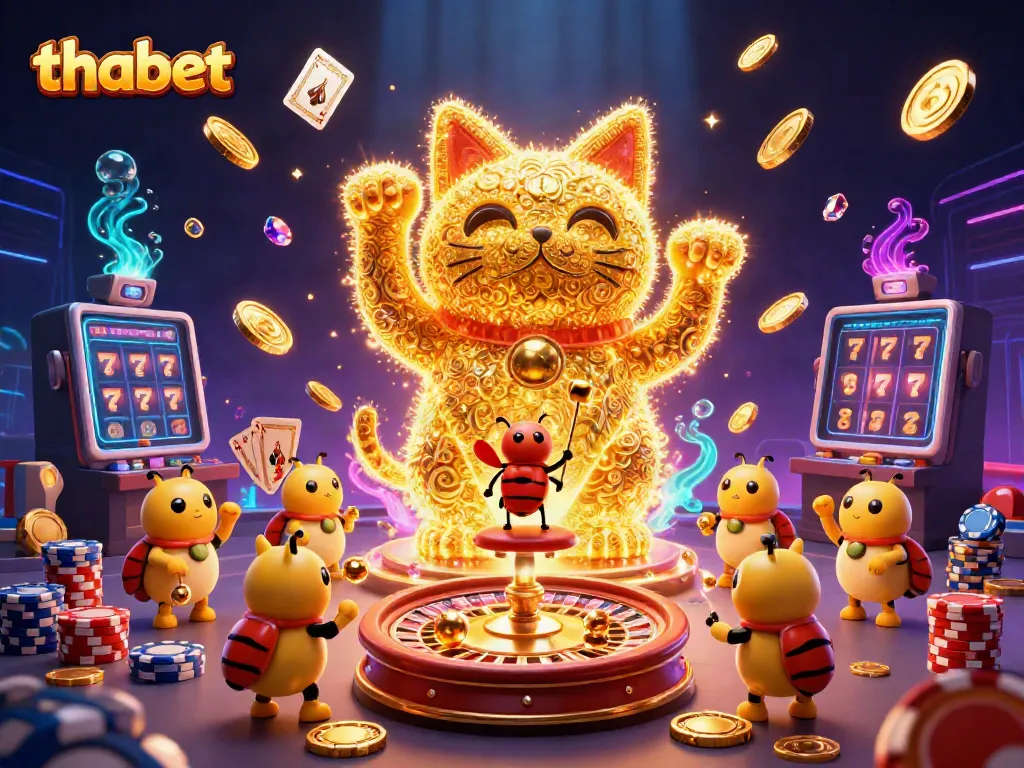 Engage in thrilling gameplay at Thabet with a golden lucky cat and vibrant casino elements.