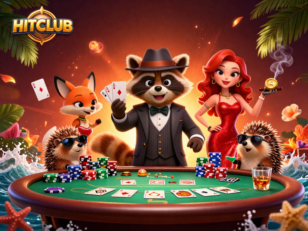 Engage in thrilling poker action at HITCLUB with dynamic characters showcasing a royal flush hand.