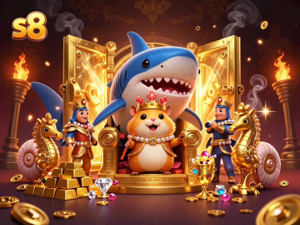 Experience thrilling wins at s8 with a golden hamster king surrounded by riches and a vibrant casino atmosphere.
