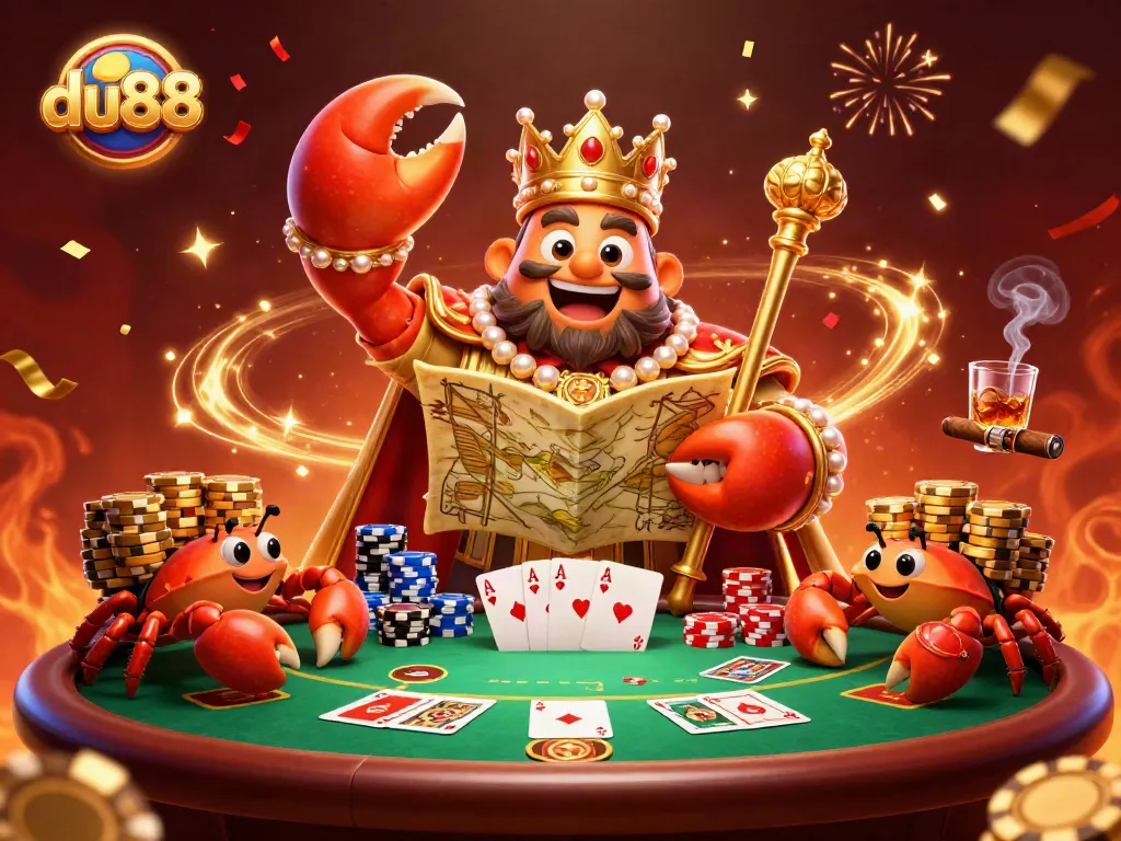 Dive into excitement with du88's vibrant casino atmosphere featuring a golden crab emperor among dynamic poker elements.