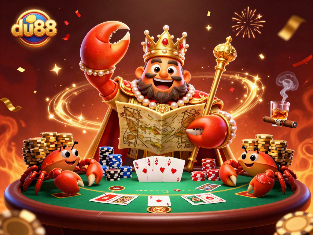 Dive into excitement with du88's vibrant casino atmosphere featuring a golden crab emperor among dynamic poker elements.