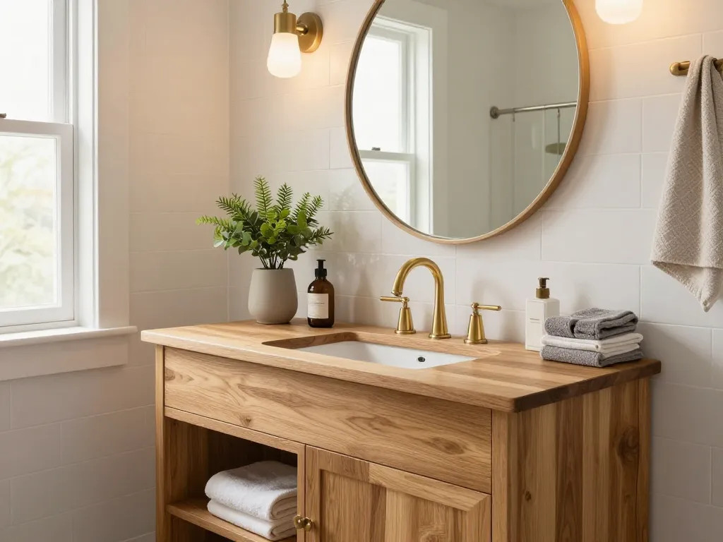 Moderne badkameropstelling met een wastafel van massief eiken en elegante armaturen van www.vanheckbadkamers.nl.