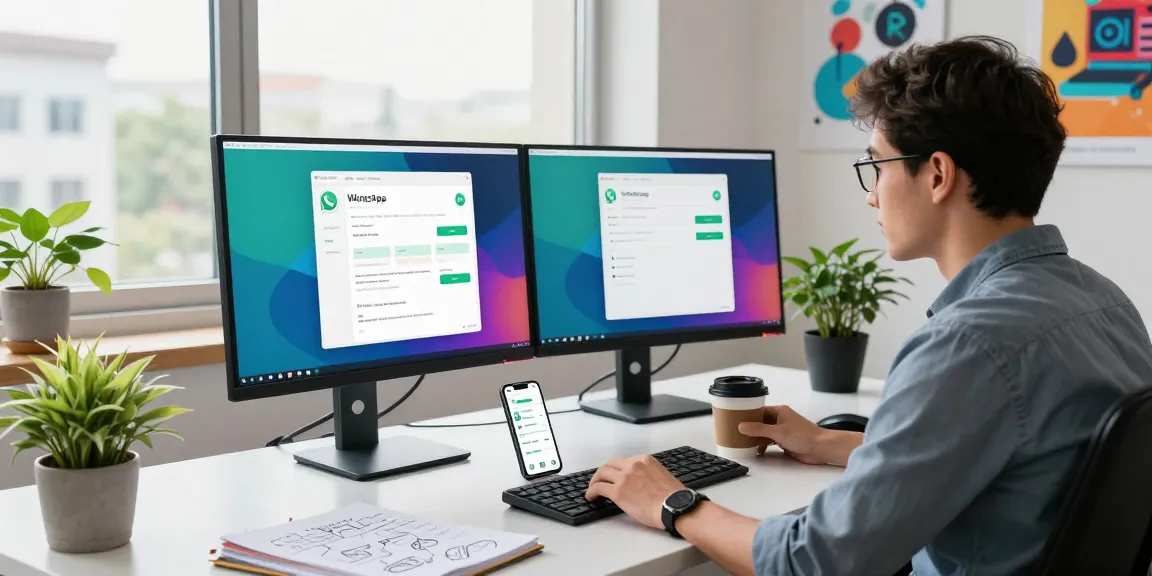 Engaging workspace with developer using WhatsApp網頁版 on dual monitors, showcasing a modern tech atmosphere.