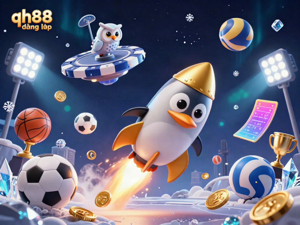Access the qh88 đăng nhập platform through this vibrant 3D casino scene, showcasing exciting gambling elements.