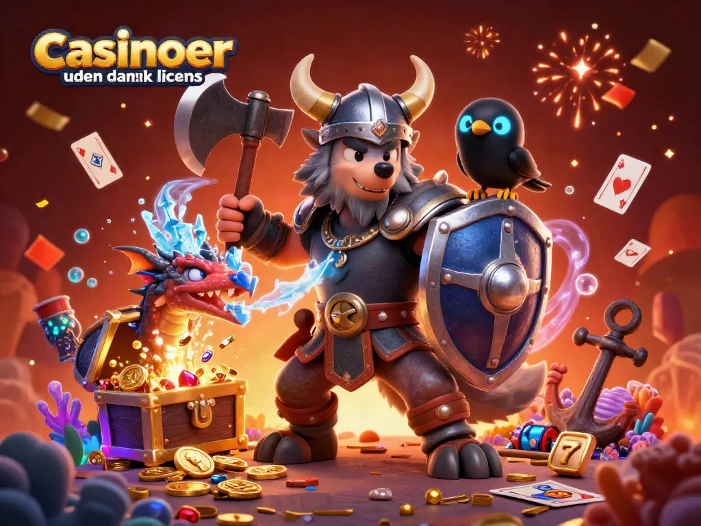 Engage with casinoer uden dansk licens in this thrilling 3D illustration featuring a Viking warrior, dragon, and vibrant game elements.