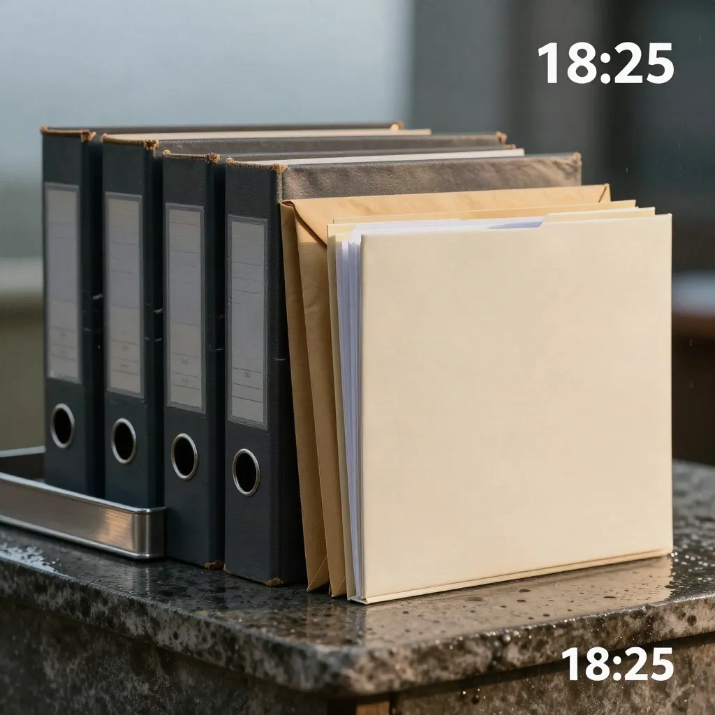 Antraciete dossiermappen, inboxbak en kraft enveloppen op natte stenen sokkel in dramatisch licht