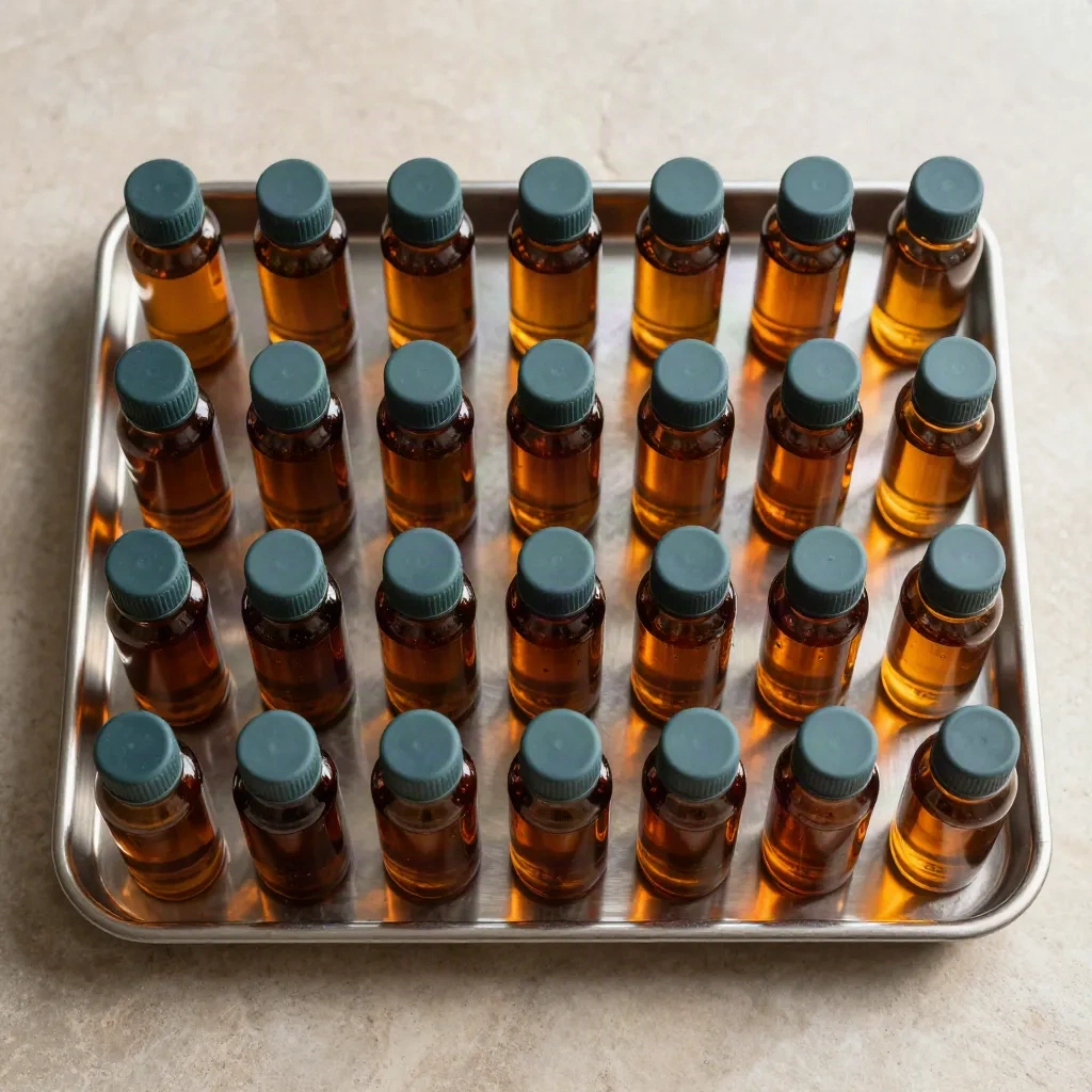 Amber monsterflesjes en stalen tray op licht stenen oppervlak met subtiel teal accent.
