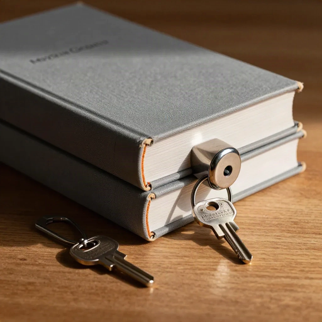 Grijze casebooks, sleutels en een papiergewicht op warm hout in dramatisch licht.