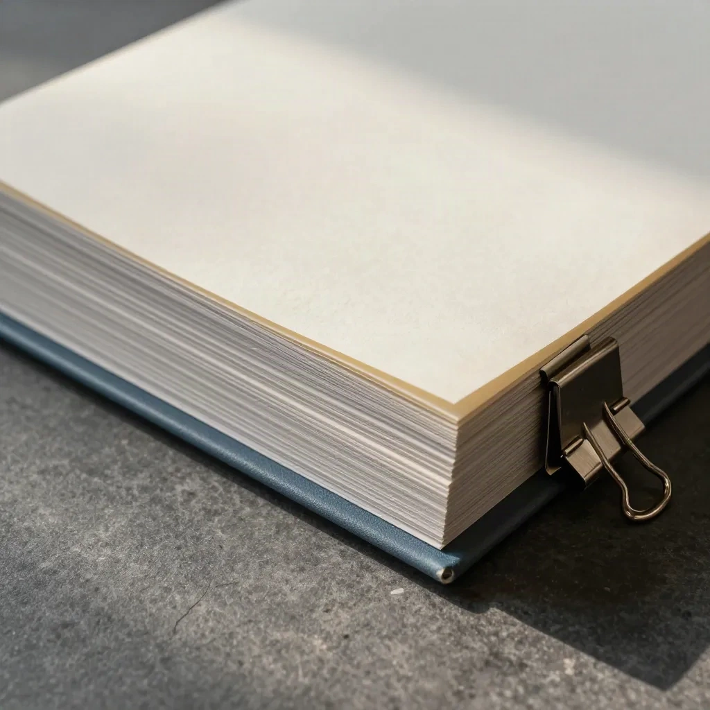 Bovenaanzicht van intakeformulieren met metalen klem en tab-envelop op een grafietgrijze steen.