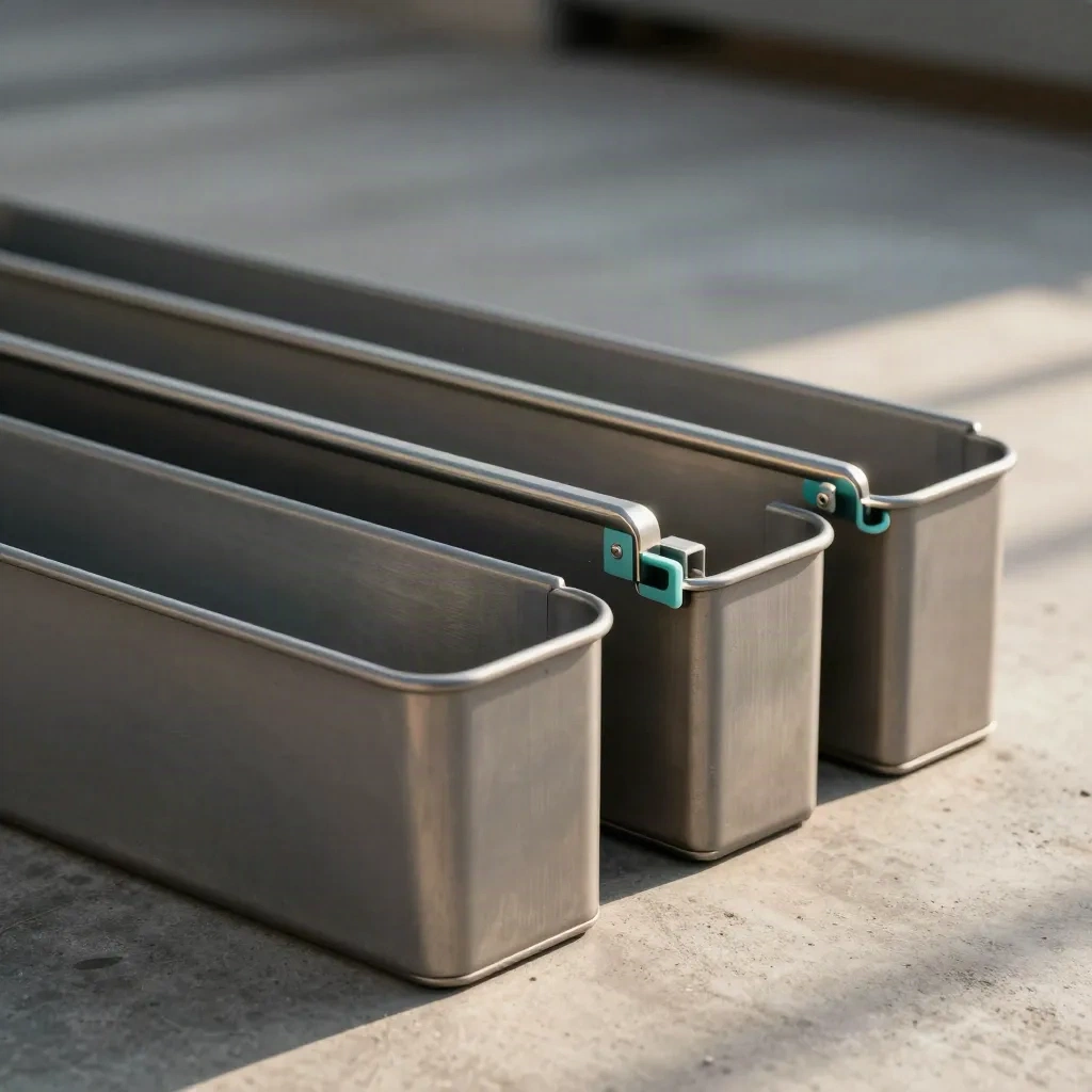 Drie metalen sorteerbakken schuiven over een betonnen plaat, met subtiel teal accent en stofmist.