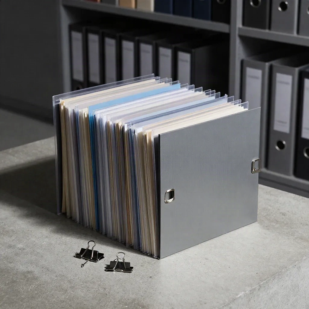 Documenthoezen, archiefmap en binderclips op beton in dramatisch licht