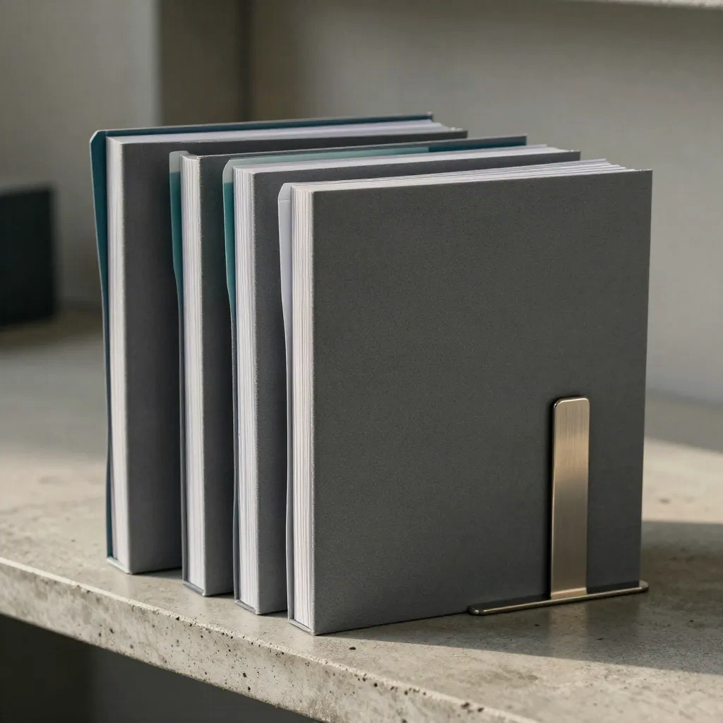 Drie rapportmappen met tabs en metalen leessteun op een betonnen ondergrond.