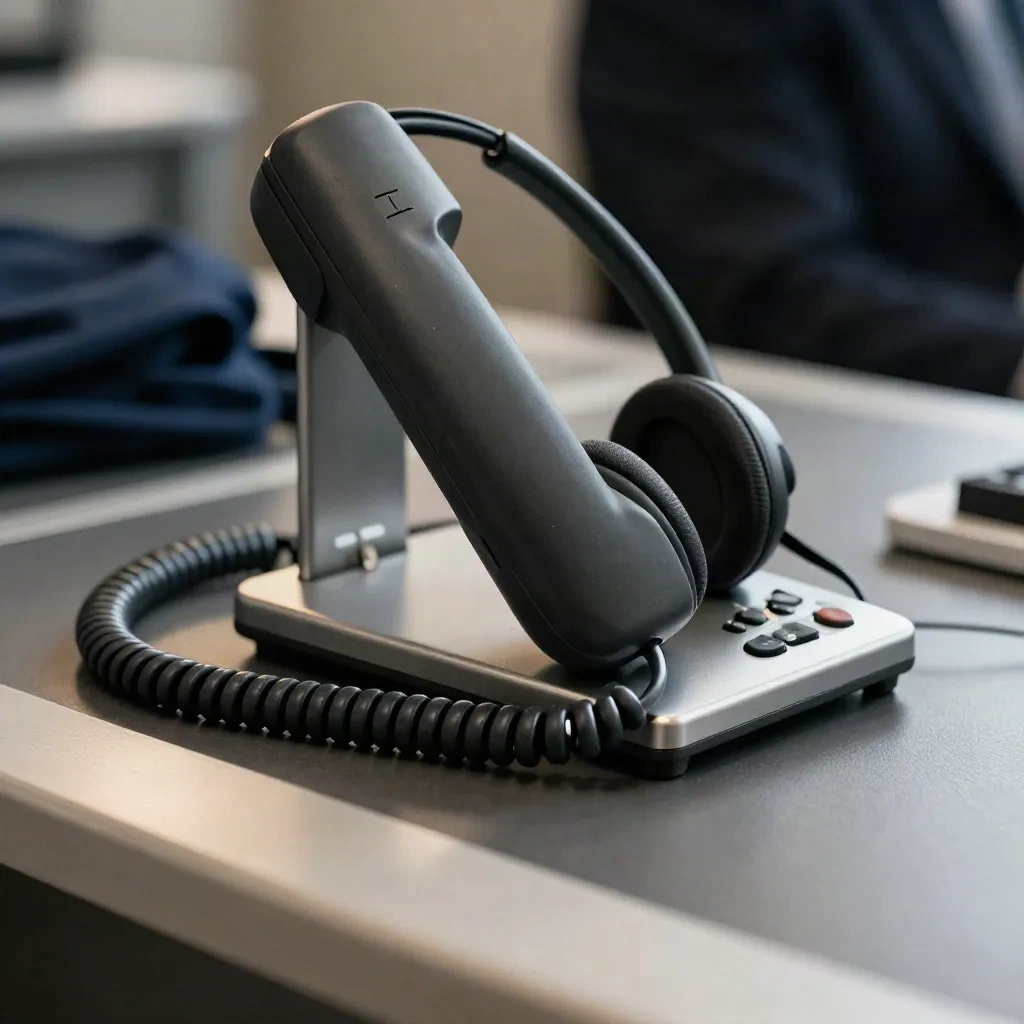 Macro van headsetstandaard, telefoonhoorn en spiraalkoord op bureau voor supportteams.