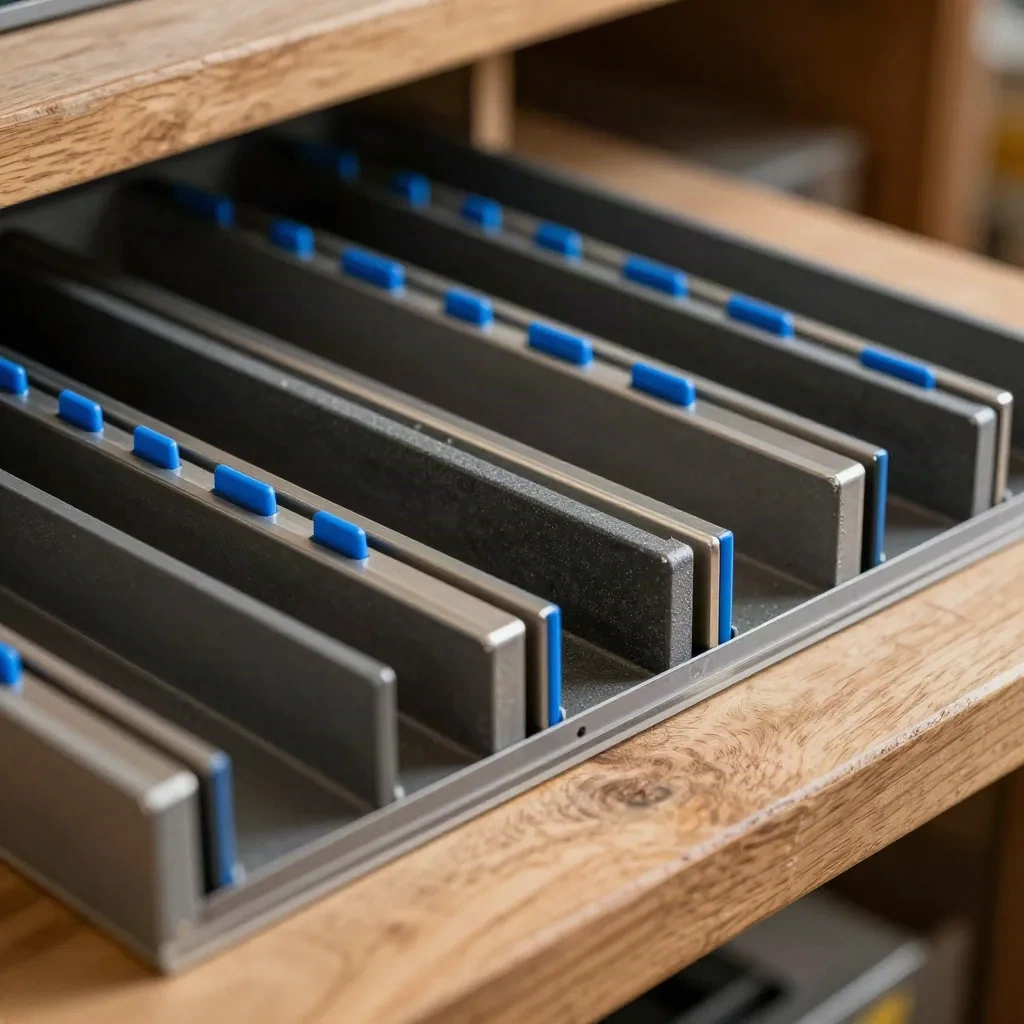 Modulaire ladeverdelers en een blauwe cliptray op warme houten werkbank, macro in zijlicht.