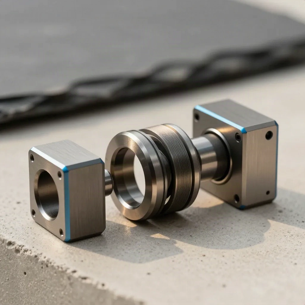 Grafietkleurige ringen en modulaire blokken koppelen op een betonvlak.