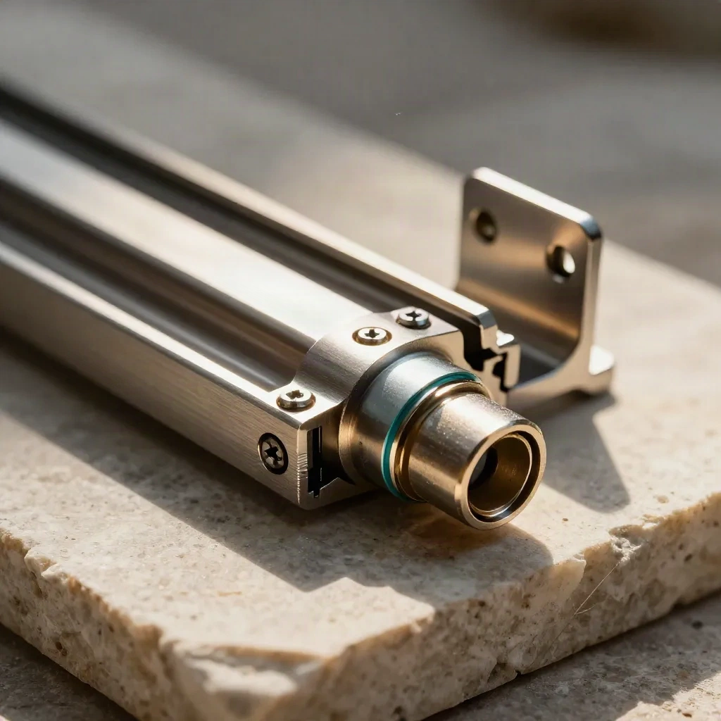 Macro van integratie-onderdelen: aluminium rails, dovetail-connector en teal accent op licht steen.