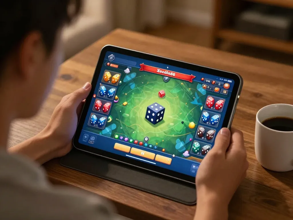 Xocdia88 player enjoying online gambling with tablet in cozy home setting