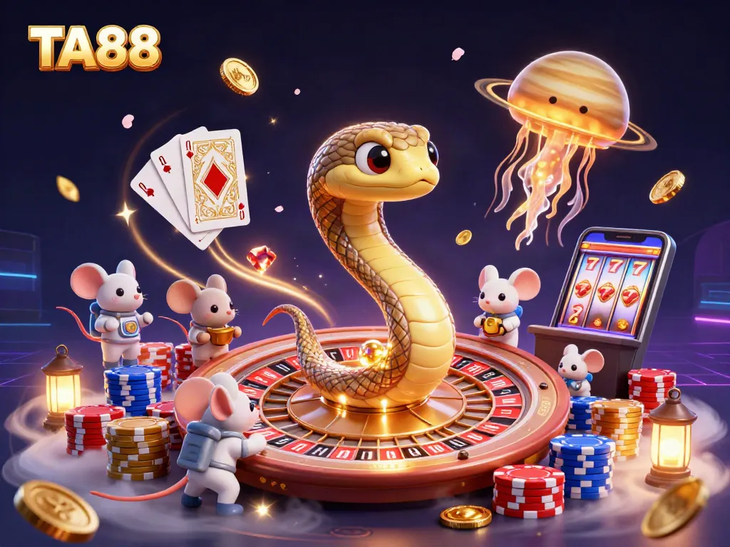 Experience thrilling gameplay at TA88 with vibrant casino elements in a dynamic illustration.