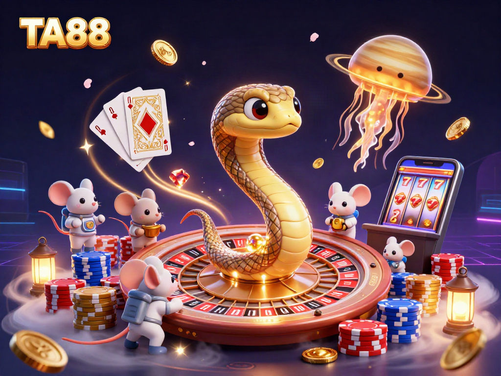 Experience thrilling gameplay at TA88 with vibrant casino elements in a dynamic illustration.