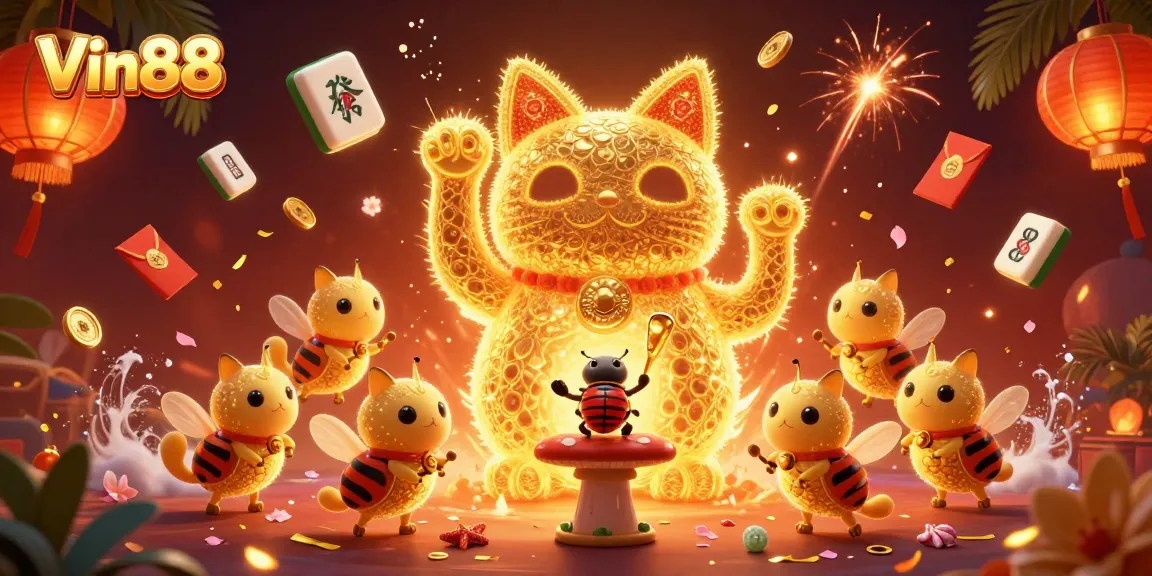Experience the vibrant world of Vin88 with a dynamic lucky cat and casino symbols
