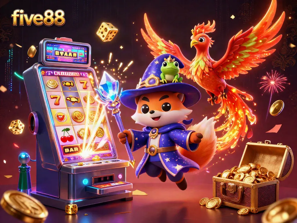 Experience excitement at five 88 with a vibrant casino-themed illustration showcasing enchanting characters and lively gaming elements.