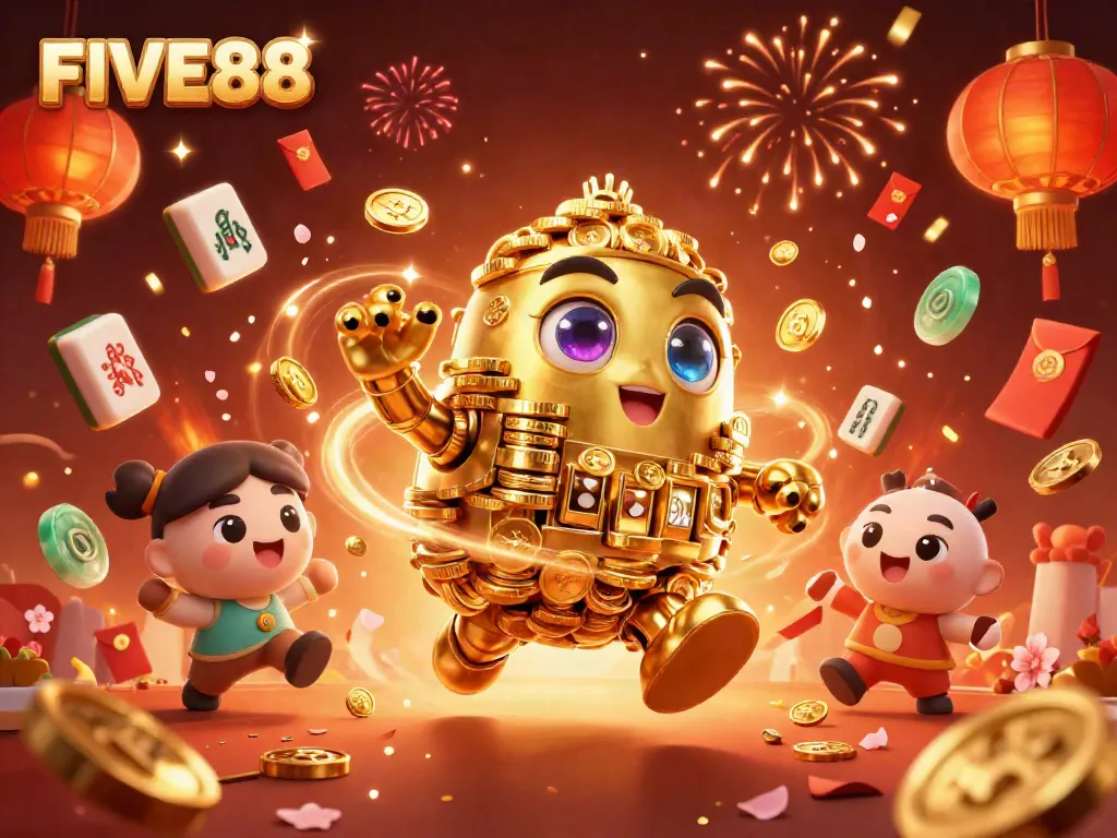 Experience the exciting world of FIVE88 with a golden golem and festive elements in this vibrant casino illustration.