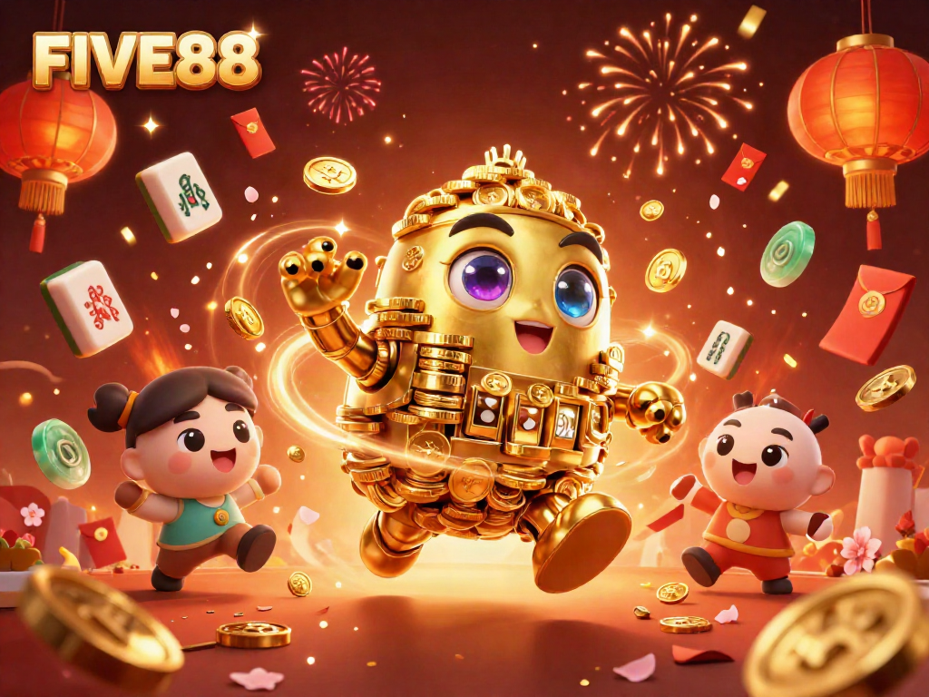 Experience the exciting world of FIVE88 with a golden golem and festive elements in this vibrant casino illustration.