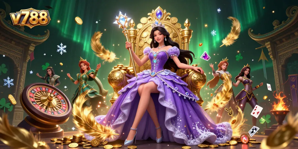 Experience thrilling games at v788, featuring a stunning princess in a vibrant casino setting.