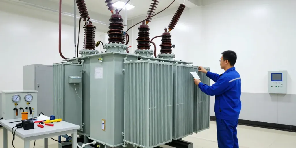 Technicus inspecteert specificaties van medium voltage transformers in een elektro-installatie.