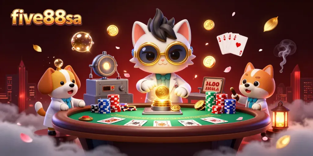 five88sa showcases a lively scene of a mad scientist cat and assistant with poker elements and casino energy.