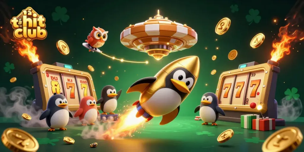 Experience the thrill of gaming with tải hit club, featuring a golden penguin and vibrant casino elements in space.