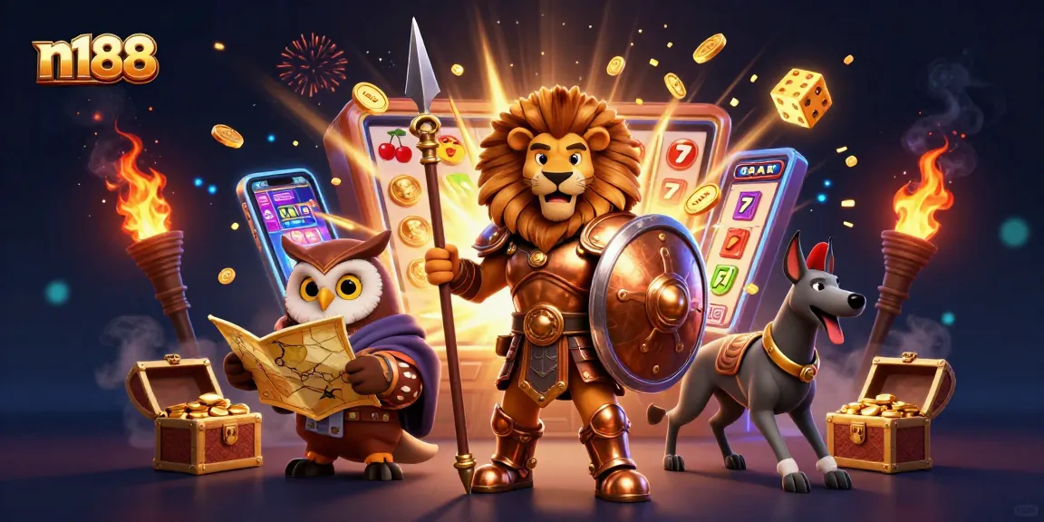 N188 players strategizing on a vibrant casino scene with slot machines and golden rewards.