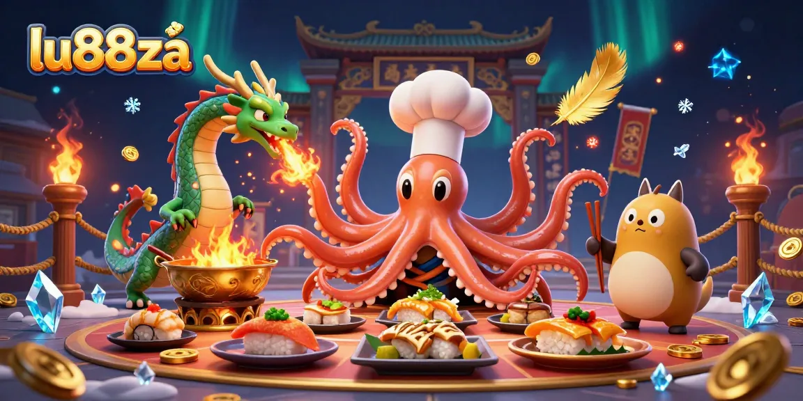 Experience exciting gaming action at lu88za with a dynamic illustration of unique 3D characters and vibrant casino elements.