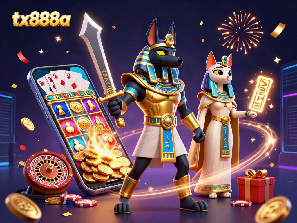 Engage in the tx888a casino experience, featuring Anubis and Bastet amidst vibrant slot games, bringing luck and excitement.