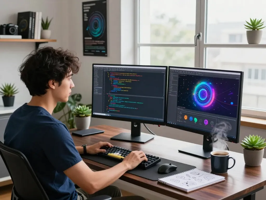 AI developer coding with juicy ai on dual monitors in a modern workspace.