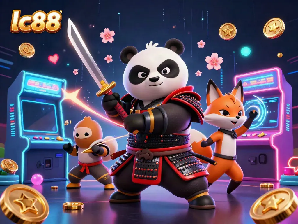 Experience the thrill of lc88 with a vibrant 3D illustration capturing a samurai panda, ninja fox, and magical tanuki amid electrifying casino elements.