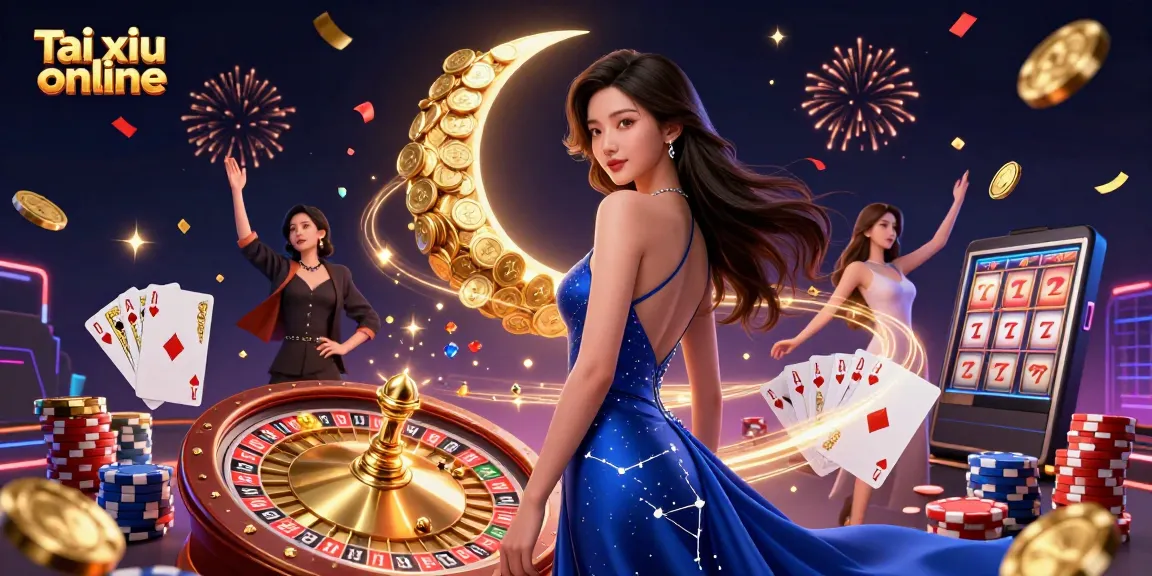 Experience Tai xiu online with a glamorous Asian woman at a dazzling casino scene filled with vibrant game elements.