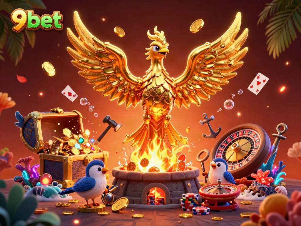 Experience thrilling gameplay at 9bet with a dynamic scene featuring a golden phoenix, poker chips, and more.