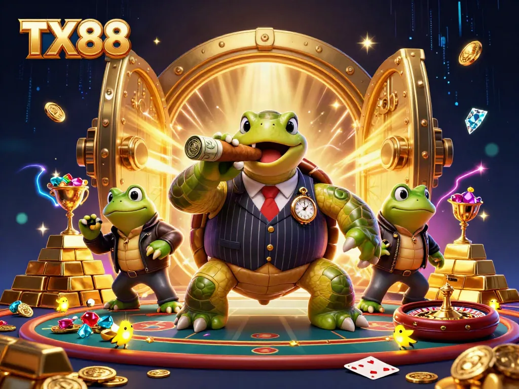 TX88 showcases a vibrant scene with a cartoon turtle in a casino filled with gold and jewels, symbolizing winning.