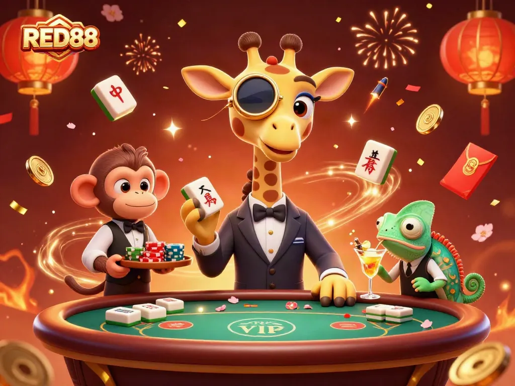 Engage with RED88 in a vibrant 3D casino scene filled with festive decorations and dynamic gaming elements.