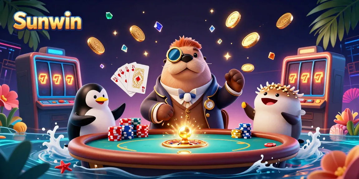 Experience gaming excitement at Sunwin with a jolly walrus, penguin dealer, and pufferfish player in an underwater casino scene.