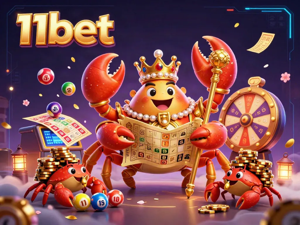 Join the action at 11bet with a vibrant casino scene featuring a crab emperor and lottery elements.