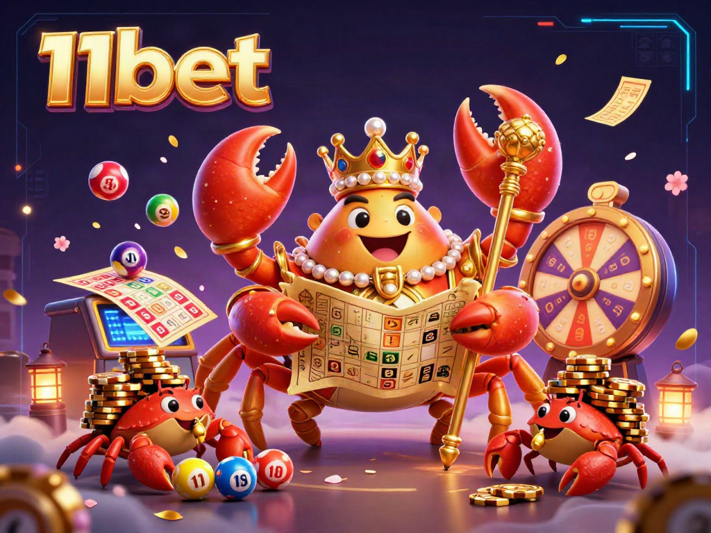 Join the action at 11bet with a vibrant casino scene featuring a crab emperor and lottery elements.