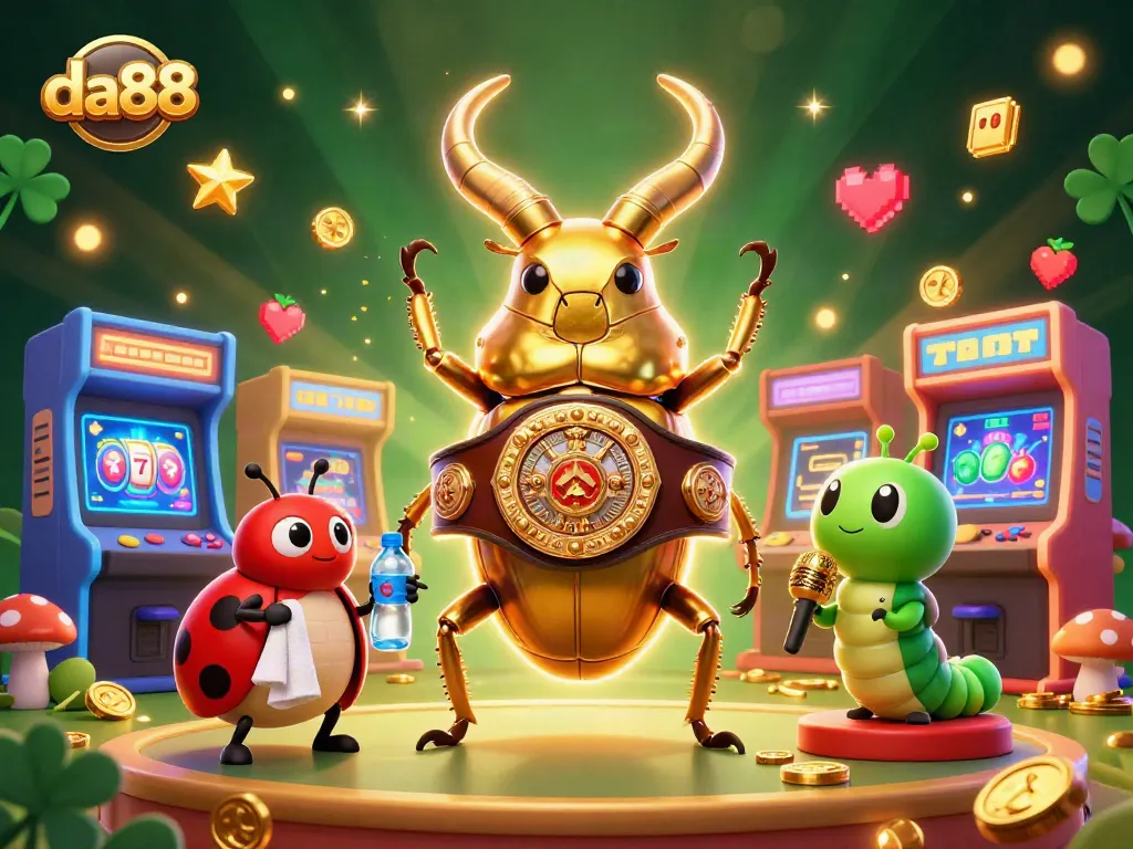 Engage with da88's vibrant casino scene showcasing a golden stag beetle champion against slot elements.