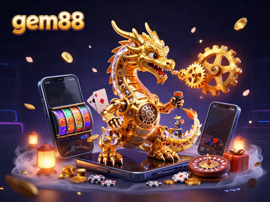 Engage with exciting slot games at gem88 with vibrant visuals and dynamic elements in this 3D illustration.